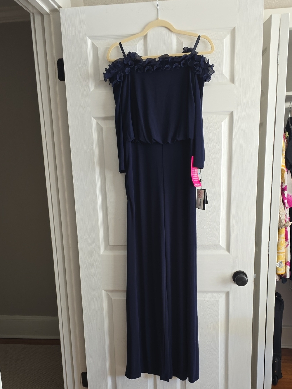 Adrianna Papell Navy Off-Shoulder Floral-Trim Jumpsuit